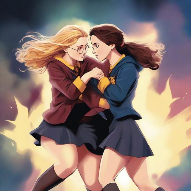 A high-quality digital art piece showcasing the girls from Harry Potter, including Hermione Granger and Luna Lovegood, engaged in a friendly wrestling match