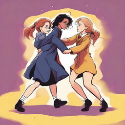 A high-quality digital art piece showcasing the girls from Harry Potter, including Hermione Granger and Luna Lovegood, engaged in a friendly wrestling match