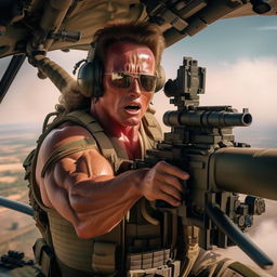 Arnold Schwarzenegger heavily muscled, wearing tactical gear, and artistically firing a massive machine gun from the side of a flying military helicopter.