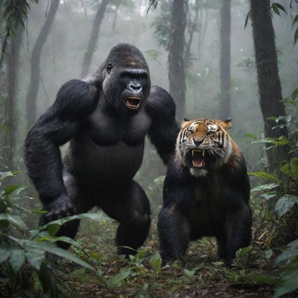 A massive gorilla and fearsome tiger locked in combat amidst a dark, rainy tropical forest, exuding a sense of terror and awe.