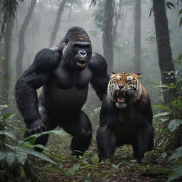 A massive gorilla and fearsome tiger locked in combat amidst a dark, rainy tropical forest, exuding a sense of terror and awe.