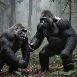 A massive gorilla and fearsome tiger locked in combat amidst a dark, rainy tropical forest, exuding a sense of terror and awe.