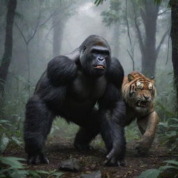 A massive gorilla and fearsome tiger locked in combat amidst a dark, rainy tropical forest, exuding a sense of terror and awe.