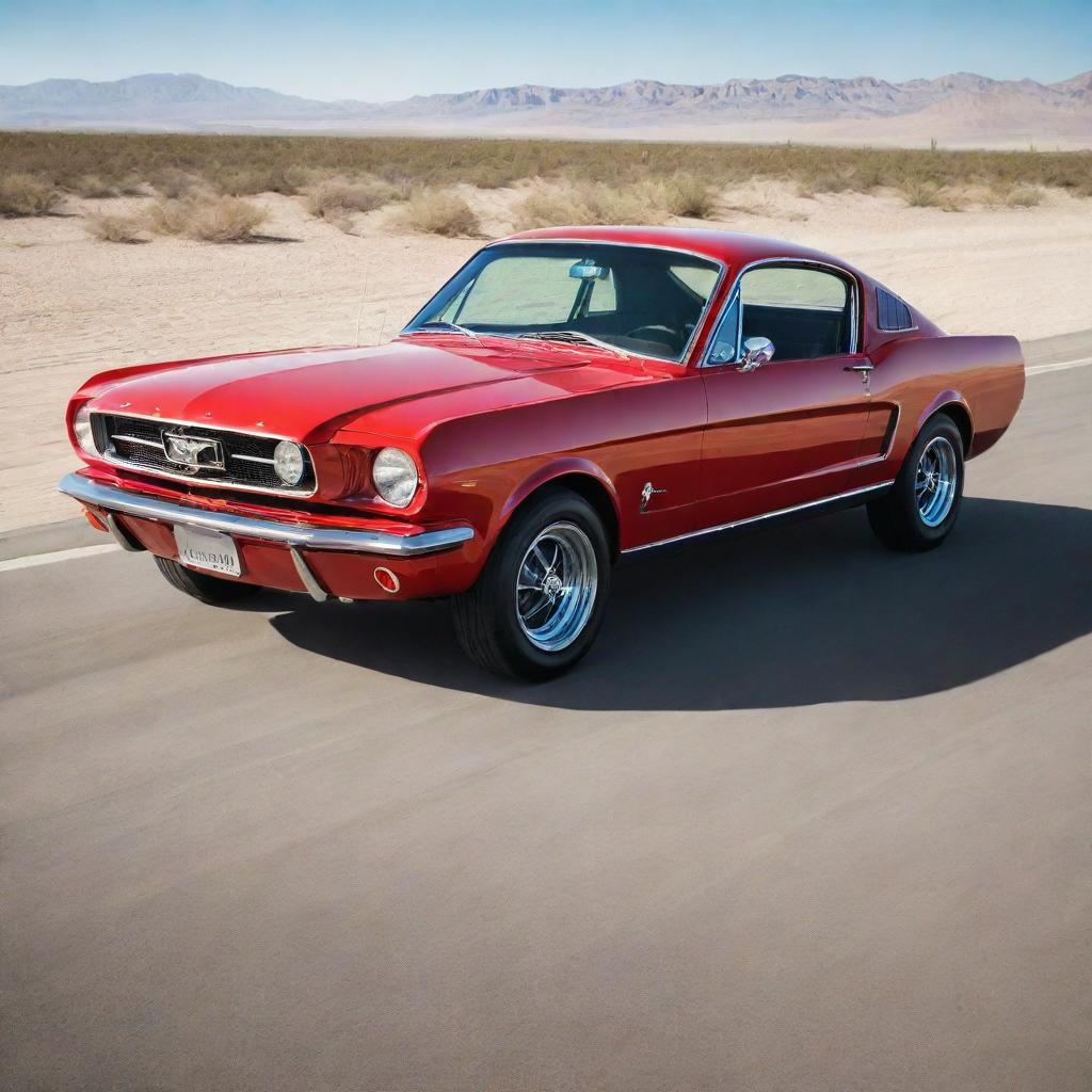 Generate an image of a 1965 Mustang Fastback, racing red, perfectly restored. The car positioned from a 3/4 front angle, gleaming under a sunlight on an empty desert highway