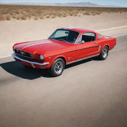 Generate an image of a 1965 Mustang Fastback, racing red, perfectly restored. The car positioned from a 3/4 front angle, gleaming under a sunlight on an empty desert highway