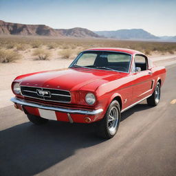 Generate an image of a 1965 Mustang Fastback, racing red, perfectly restored. The car positioned from a 3/4 front angle, gleaming under a sunlight on an empty desert highway