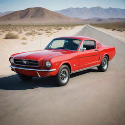 Generate an image of a 1965 Mustang Fastback, racing red, perfectly restored. The car positioned from a 3/4 front angle, gleaming under a sunlight on an empty desert highway