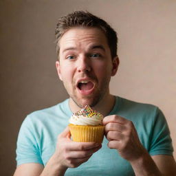 A man delightfully eating a colorful cupcake with sprinkles under soft warm lighting.