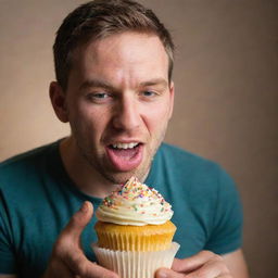 A man delightfully eating a colorful cupcake with sprinkles under soft warm lighting.