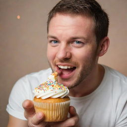 A man delightfully eating a colorful cupcake with sprinkles under soft warm lighting.