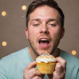 A man delightfully eating a colorful cupcake with sprinkles under soft warm lighting.