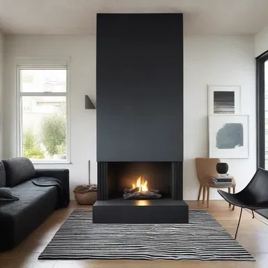 The fireplace in the living room is made of sea coal, giving it a distinct and modern look.