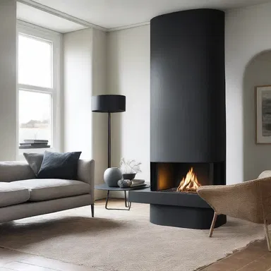 The fireplace in the living room is made of sea coal, giving it a distinct and modern look.