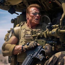 Arnold Schwarzenegger heavily muscled, wearing tactical gear, and artistically firing a massive machine gun from the side of a flying military helicopter.