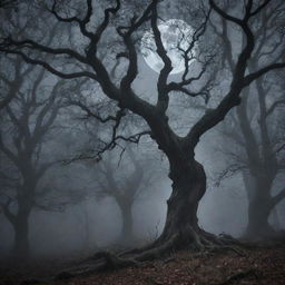 A deep, sinister forest at midnight, shrouded in mist. Twisted, gnarled trees loom in the gloom, casting eerie shadows. A full moon glimmers ominously through the twisted branches.