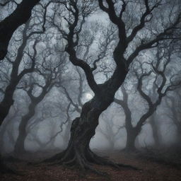 A deep, sinister forest at midnight, shrouded in mist. Twisted, gnarled trees loom in the gloom, casting eerie shadows. A full moon glimmers ominously through the twisted branches.