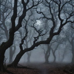 A deep, sinister forest at midnight, shrouded in mist. Twisted, gnarled trees loom in the gloom, casting eerie shadows. A full moon glimmers ominously through the twisted branches.