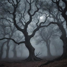 A deep, sinister forest at midnight, shrouded in mist. Twisted, gnarled trees loom in the gloom, casting eerie shadows. A full moon glimmers ominously through the twisted branches.