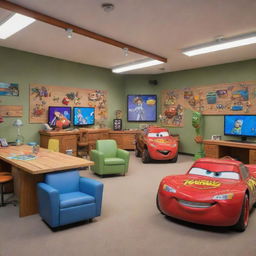 An animation studio filled with Disney Pixar elements like character models of Woody, Buzz Lightyear, Nemo, and Lightning McQueen in a vibrant, playful setting