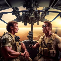 Modify the scene to include Sylvester Stallone next to Arnold Schwarzenegger, both heavily armed, inside the flying military helicopter, creating an intense action scene.