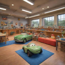 An animation studio filled with Disney Pixar elements like character models of Woody, Buzz Lightyear, Nemo, and Lightning McQueen in a vibrant, playful setting