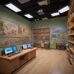 An animation studio filled with Disney Pixar elements like character models of Woody, Buzz Lightyear, Nemo, and Lightning McQueen in a vibrant, playful setting