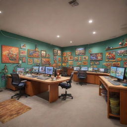 An animation studio filled with Disney Pixar elements like character models of Woody, Buzz Lightyear, Nemo, and Lightning McQueen in a vibrant, playful setting