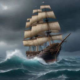 An enormous ship in the midst of a tempestuous sea, where a mysterious, fearful fight is happening, with an ambiance indicative of a forgotten kingdom.