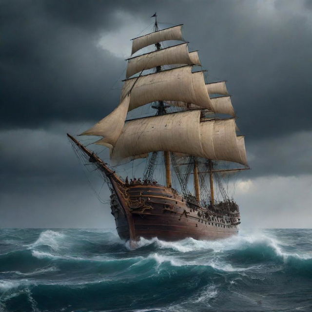 An enormous ship in the midst of a tempestuous sea, where a mysterious, fearful fight is happening, with an ambiance indicative of a forgotten kingdom.