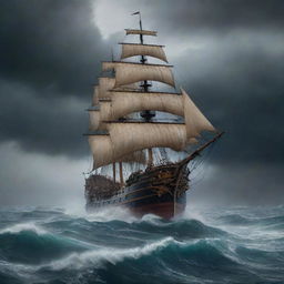 An enormous ship in the midst of a tempestuous sea, where a mysterious, fearful fight is happening, with an ambiance indicative of a forgotten kingdom.