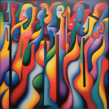 The abstract painting depicted a surreal scene with various vocalisers merging their voices to create a symphony of colors.