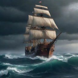 An enormous ship in the midst of a tempestuous sea, where a mysterious, fearful fight is happening, with an ambiance indicative of a forgotten kingdom.