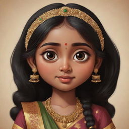 A cute cartoon of a dusky South Indian girl with big eyes and bangs covering her wide forehead, dressed in traditional attire.