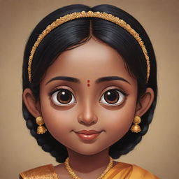 A cute cartoon of a dusky South Indian girl with big eyes and bangs covering her wide forehead, dressed in traditional attire.