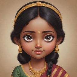 A cute cartoon of a dusky South Indian girl with big eyes and bangs covering her wide forehead, dressed in traditional attire.