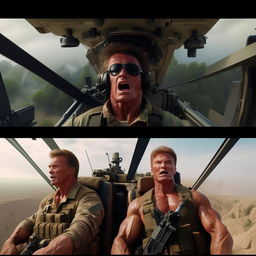 Modify the scene to include Sylvester Stallone next to Arnold Schwarzenegger, both heavily armed, inside the flying military helicopter, creating an intense action scene.