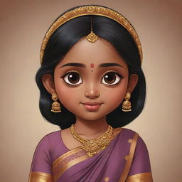 A cute cartoon of a dusky South Indian girl with big eyes and bangs covering her wide forehead, dressed in traditional attire.