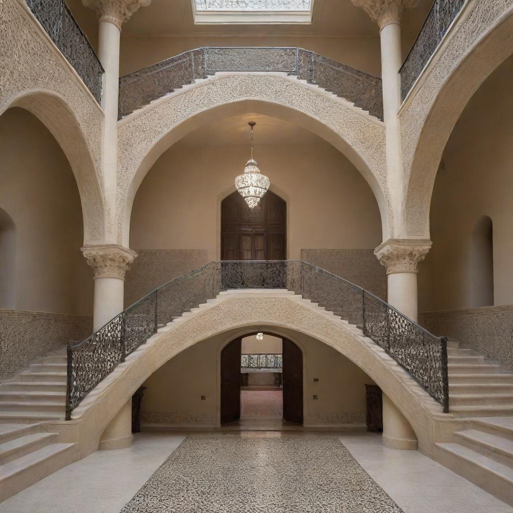 An architectural view of a staircase in a college, designed in a distinctive Islamic style, featuring intricate geometric patterns, ornate railings, and elegant archways