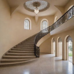 An architectural view of a staircase in a college, designed in a distinctive Islamic style, featuring intricate geometric patterns, ornate railings, and elegant archways