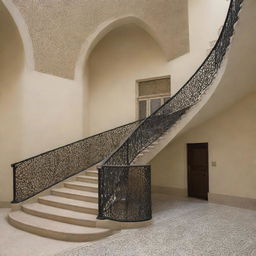 An architectural view of a staircase in a college, designed in a distinctive Islamic style, featuring intricate geometric patterns, ornate railings, and elegant archways