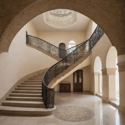 An architectural view of a staircase in a college, designed in a distinctive Islamic style, featuring intricate geometric patterns, ornate railings, and elegant archways