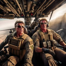 Modify the scene to include Sylvester Stallone next to Arnold Schwarzenegger, both heavily armed, inside the flying military helicopter, creating an intense action scene.