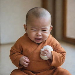 A baby monk indoors, tears streaming down his cheeks, clutching a soft stuffed animal toy.