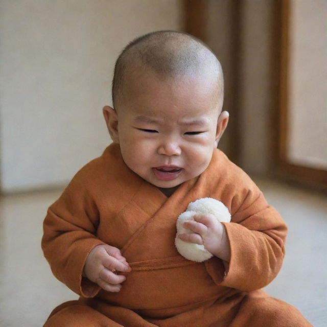 A baby monk indoors, tears streaming down his cheeks, clutching a soft stuffed animal toy.