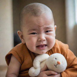 A baby monk indoors, tears streaming down his cheeks, clutching a soft stuffed animal toy.