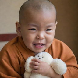 A baby monk indoors, tears streaming down his cheeks, clutching a soft stuffed animal toy.