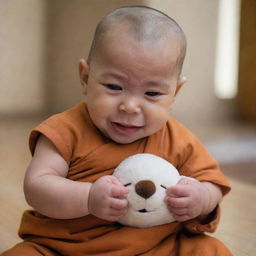 A baby monk indoors, tears streaming down his cheeks, clutching a soft stuffed animal toy.