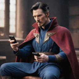 An image of Doctor Strange in full costume, sitting with poise, holding a smartphone and deeply involved in playing the game Pubg Mobile