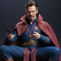 An image of Doctor Strange in full costume, sitting with poise, holding a smartphone and deeply involved in playing the game Pubg Mobile