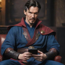 An image of Doctor Strange in full costume, sitting with poise, holding a smartphone and deeply involved in playing the game Pubg Mobile